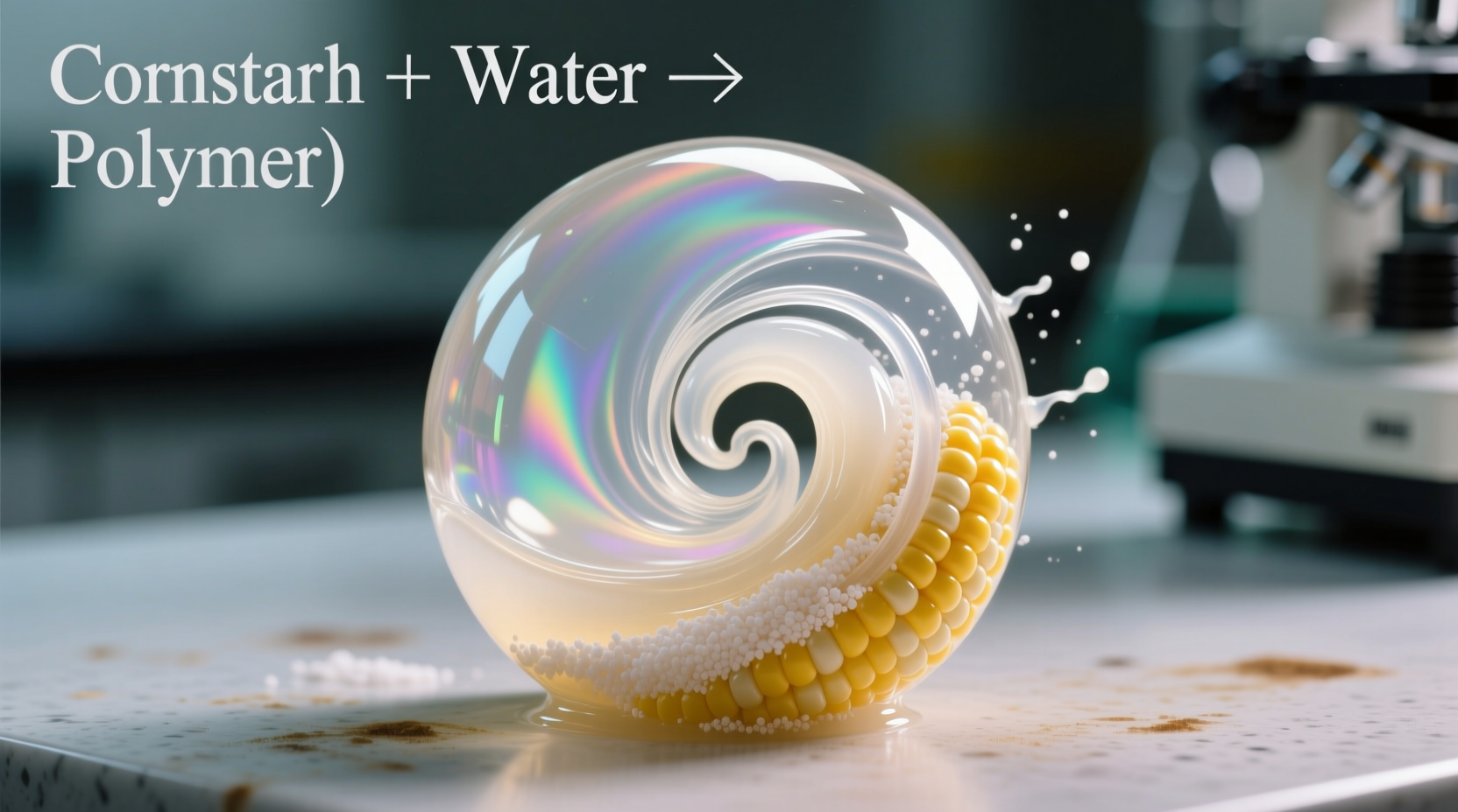 Close-up of cornstarch mixture transforming into bouncy ball polymer