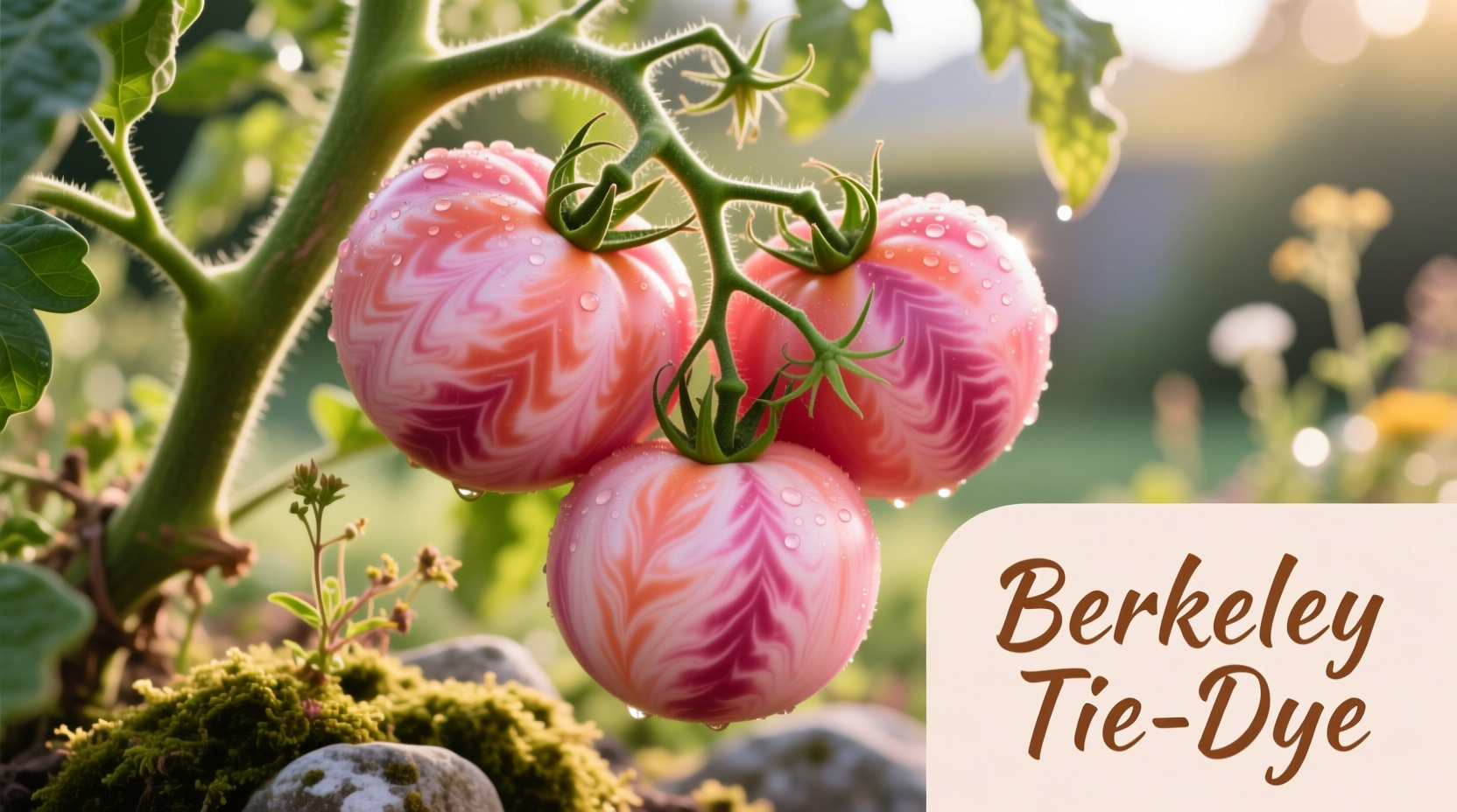 Ripe pink Berkeley tie-dye tomatoes on vine with marbled pattern