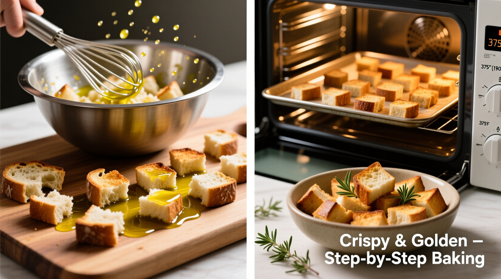 Step-by-step crouton baking process in oven