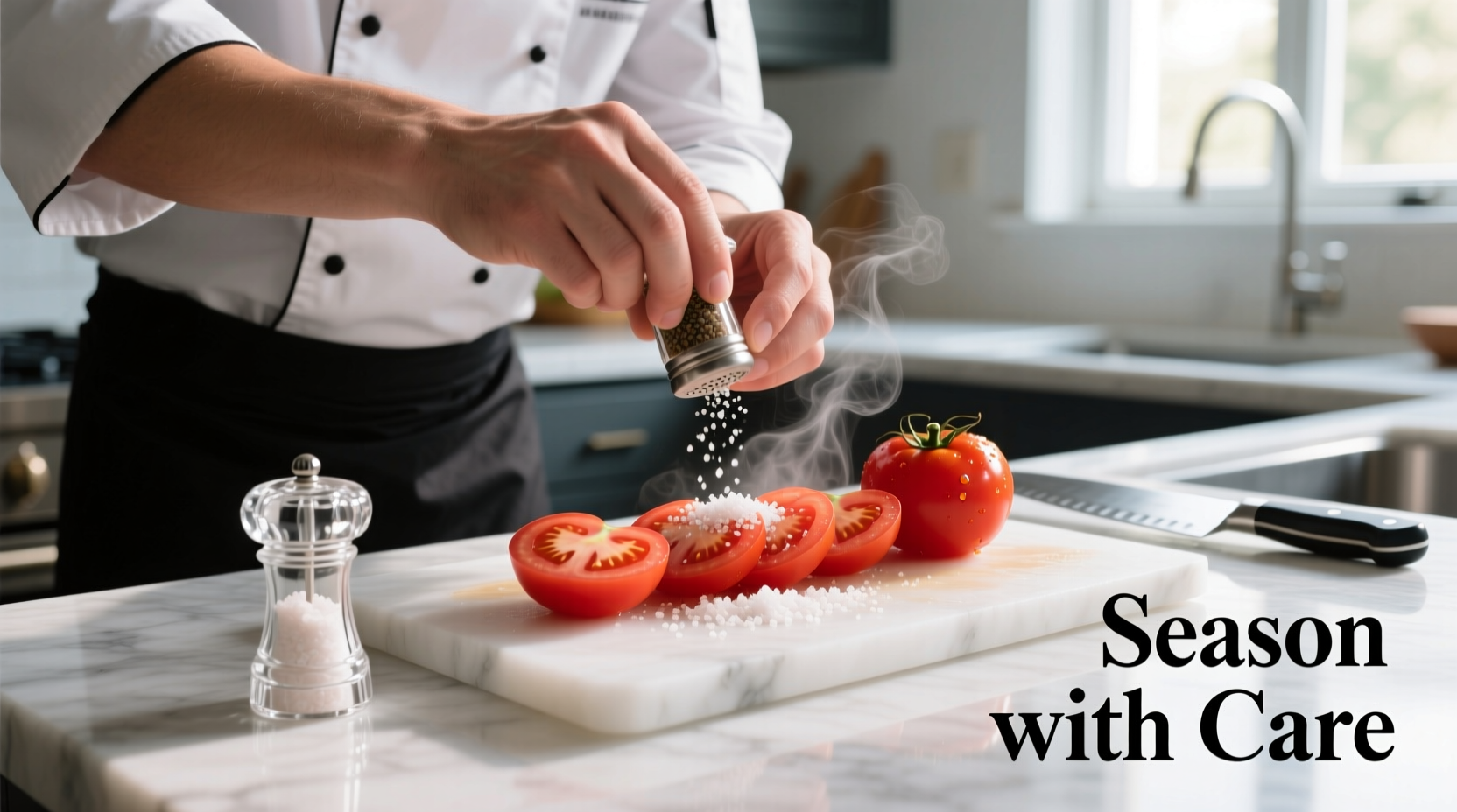 Chef seasoning fresh tomatoes with sea salt