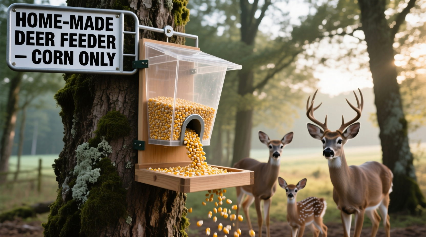 Finished homemade deer feeder mounted on tree with corn dispensing