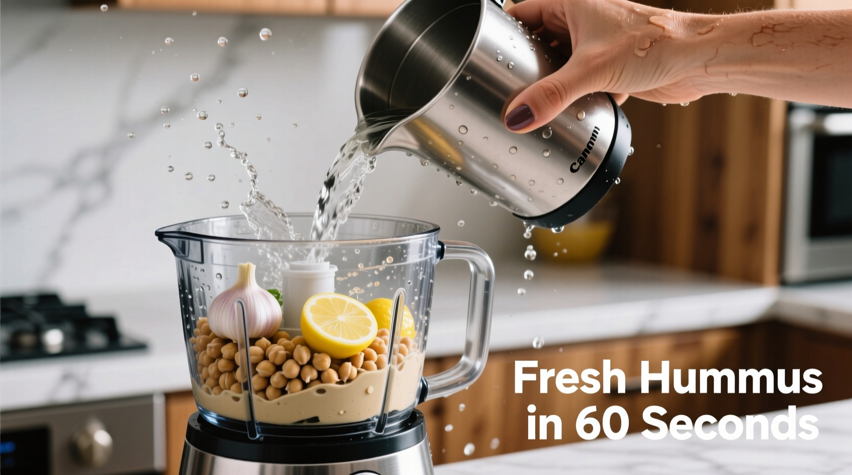 Hand pouring ice water into food processor making hummus