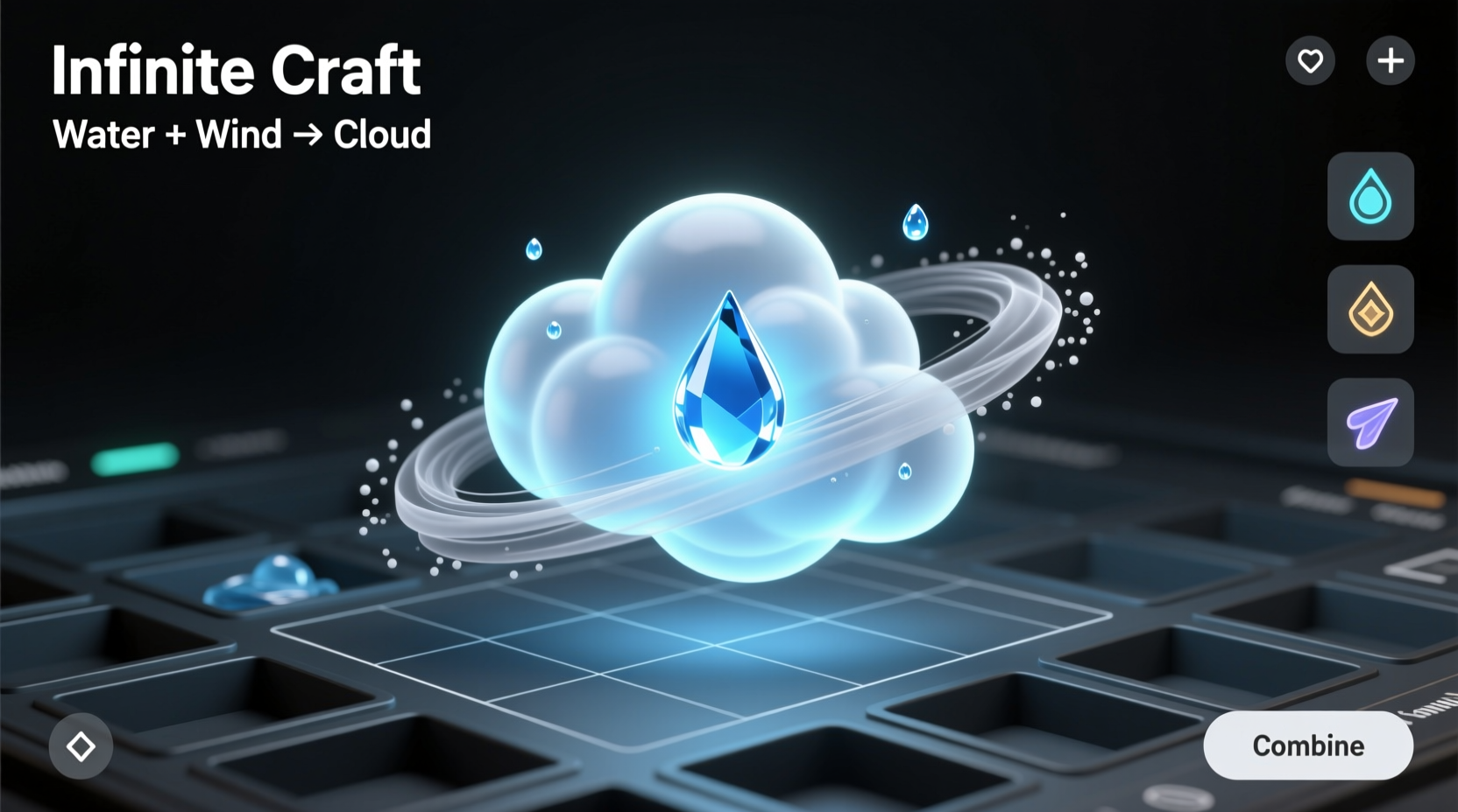 Infinite Craft interface showing water and wind combining into cloud element