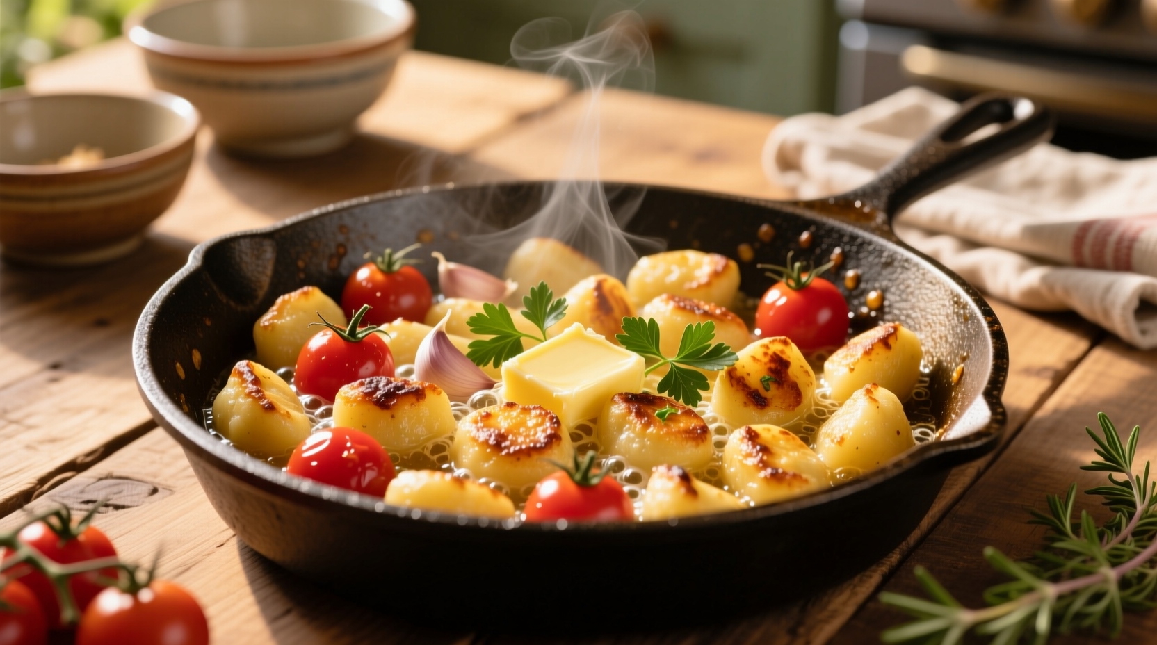 Golden potato gnocchi sizzling in cast iron skillet with cherry tomatoes