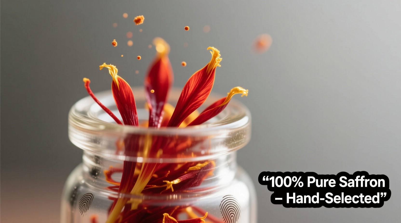 Close-up of authentic saffron threads in glass vial