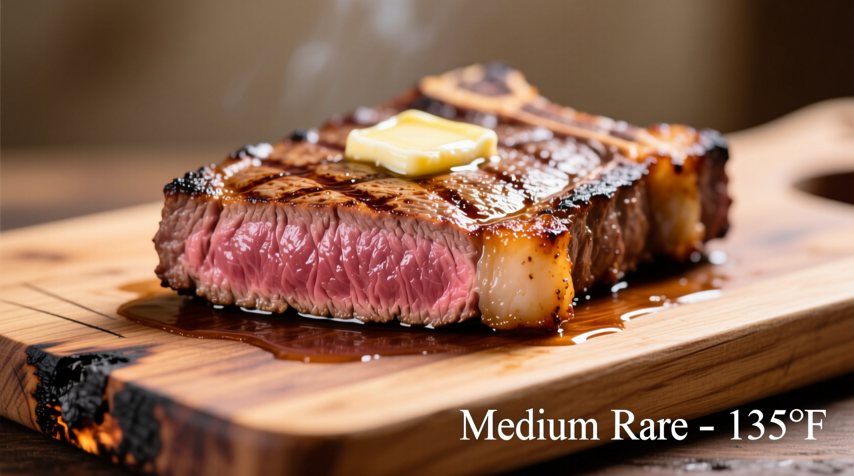 Perfect medium steak with pink center on cutting board