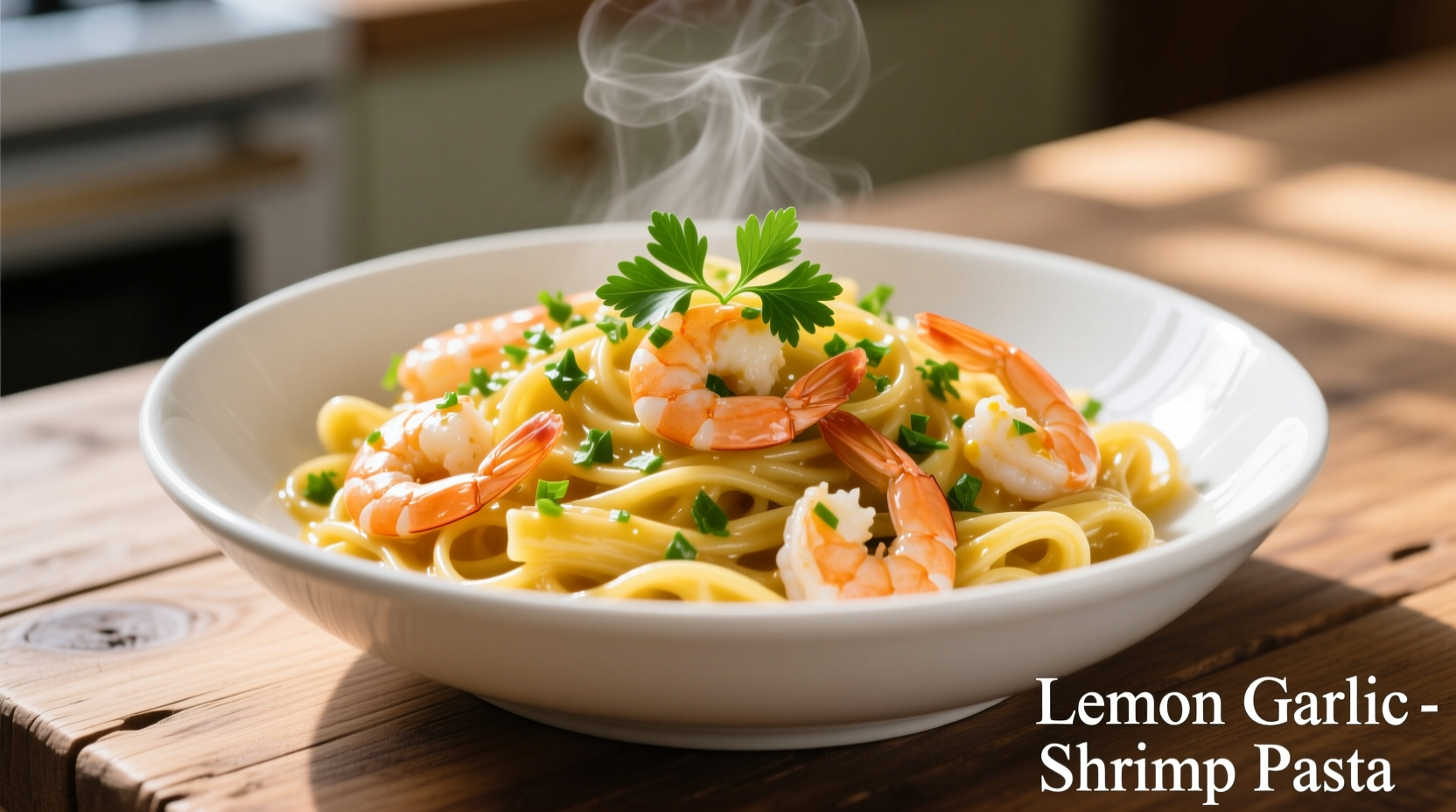 Lemon garlic shrimp pasta in white bowl with fresh parsley