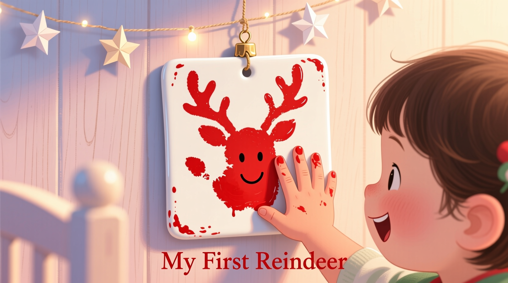 Child making handprint reindeer ornament with red paint