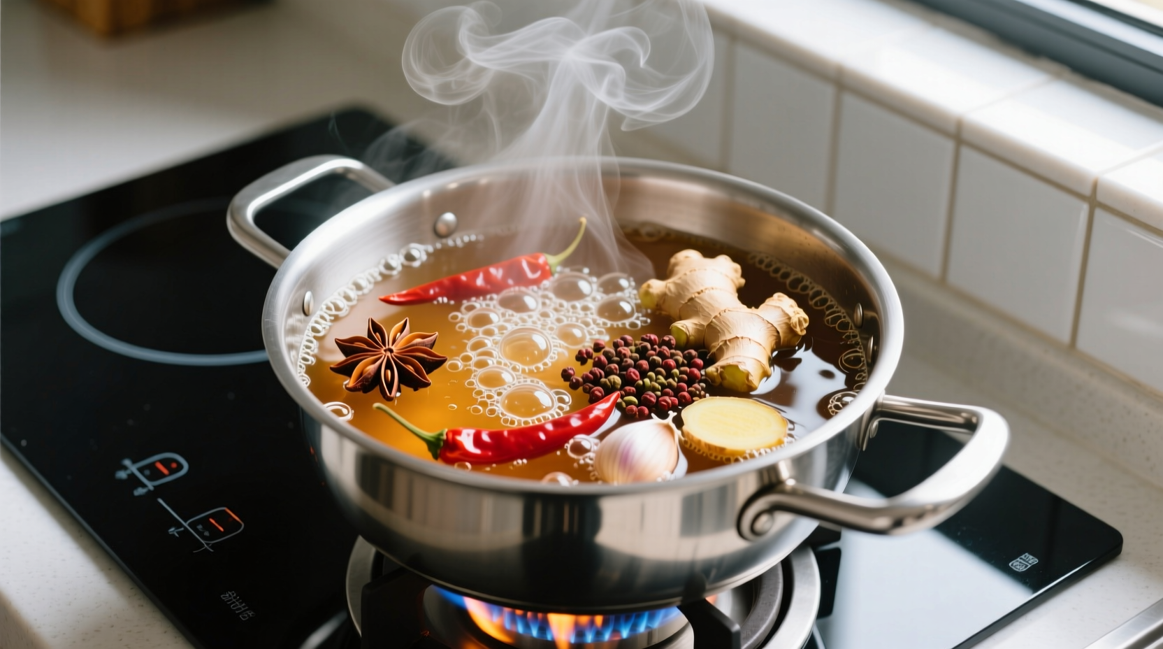 Boiling vinegar brine with spices in stainless steel pot