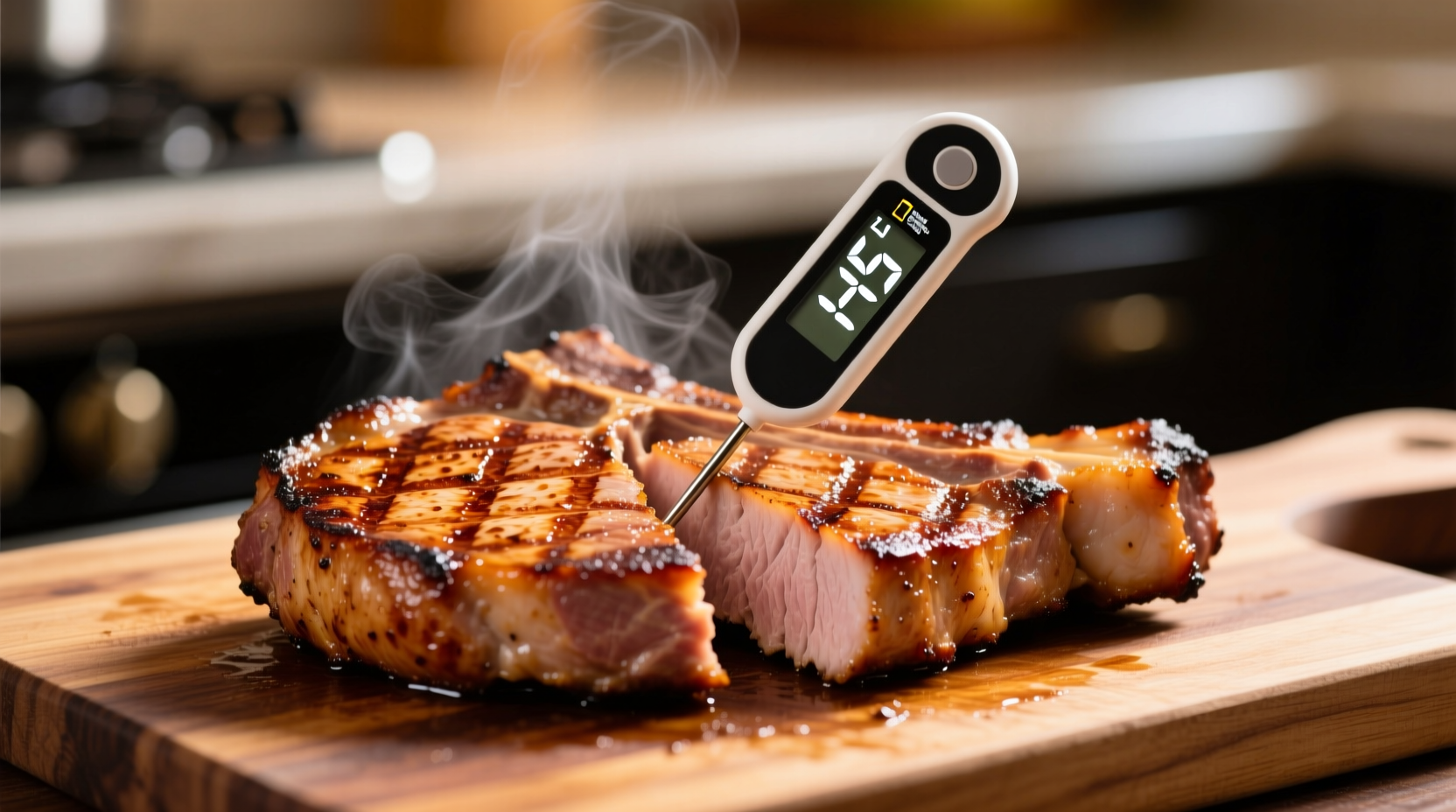 Perfectly cooked pork chops with thermometer reading