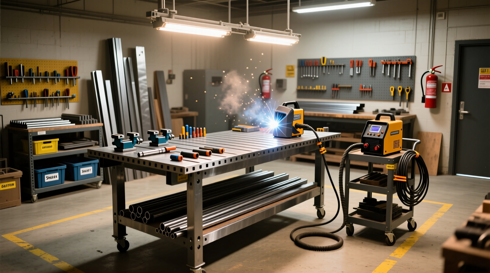 DIY welding table materials layout on workshop floor