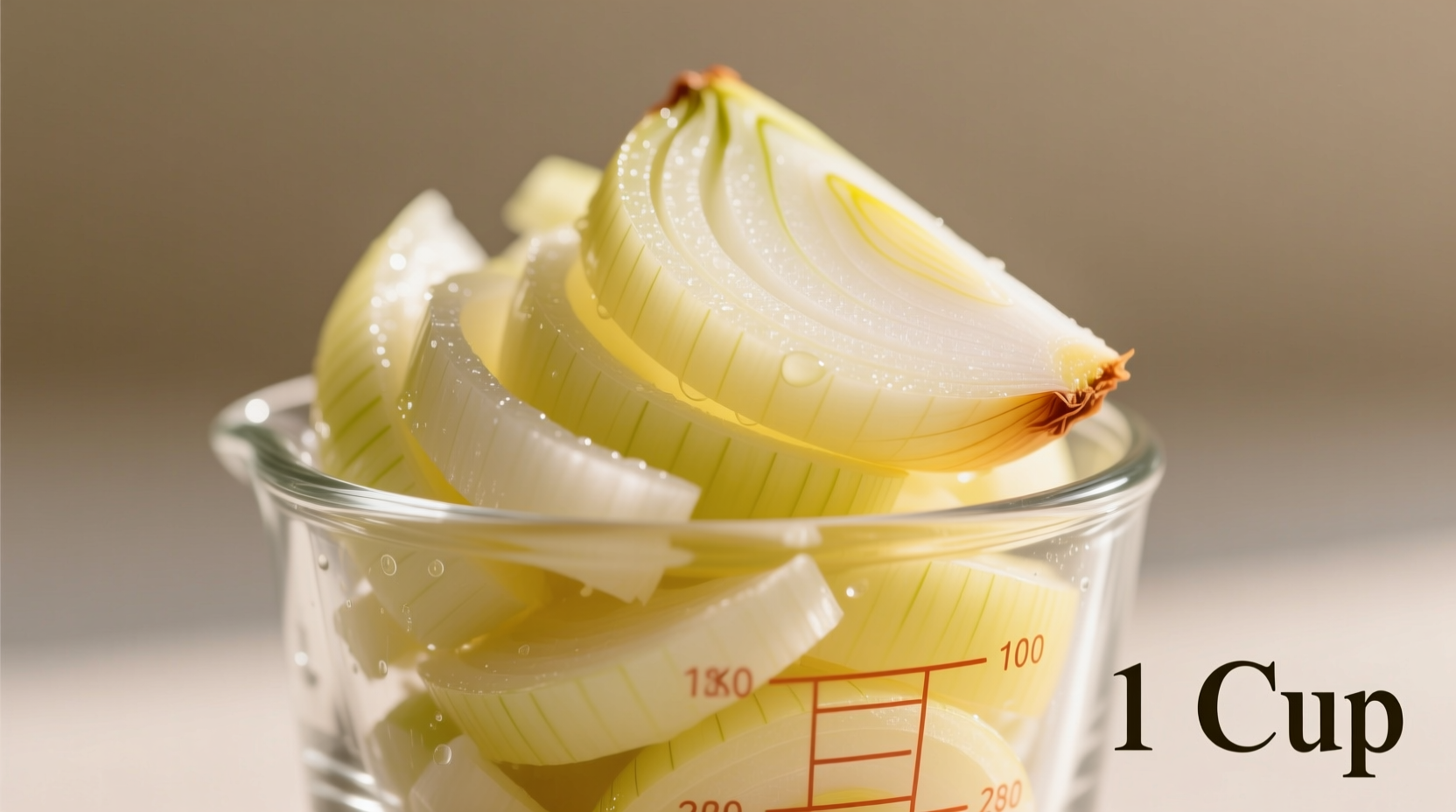 Chopped yellow onion in measuring cup
