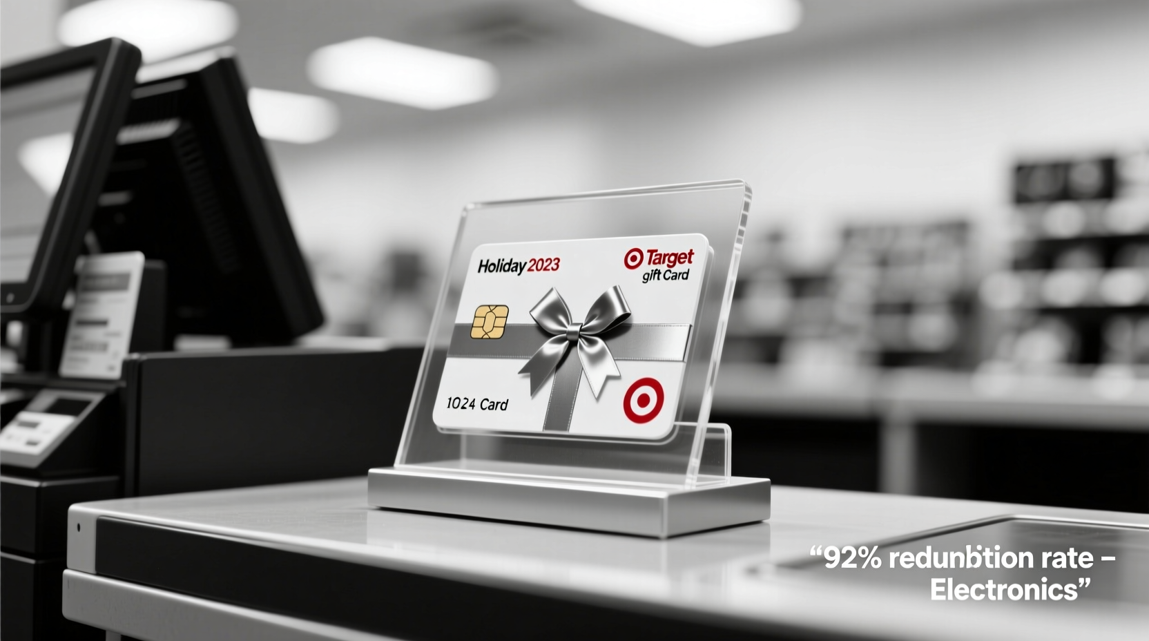 Holiday 2023 Target gift card at checkout counter showing 92% redemption rate for electronics versus 63% for general cards