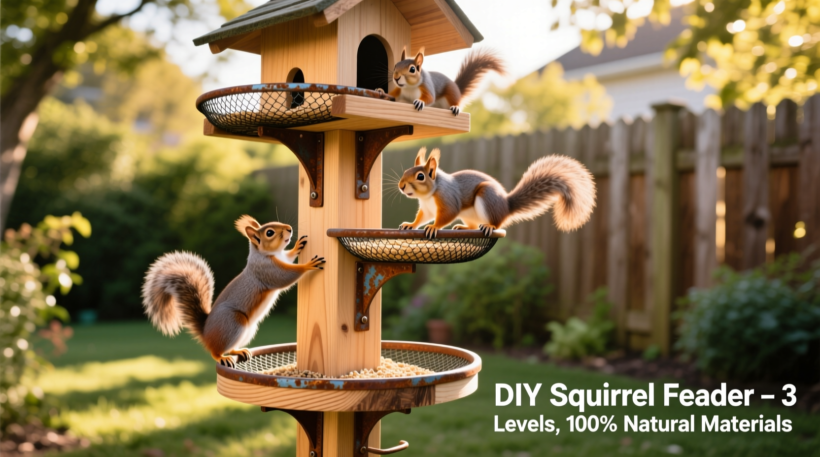 Completed DIY squirrel feeder with multiple feeding levels
