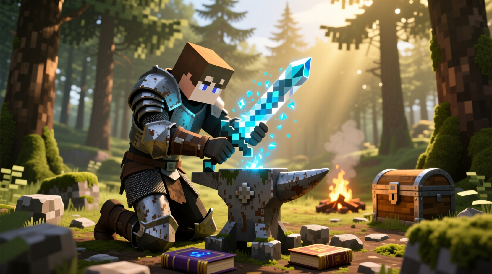 Player repairing diamond sword with anvil in Minecraft survival mode