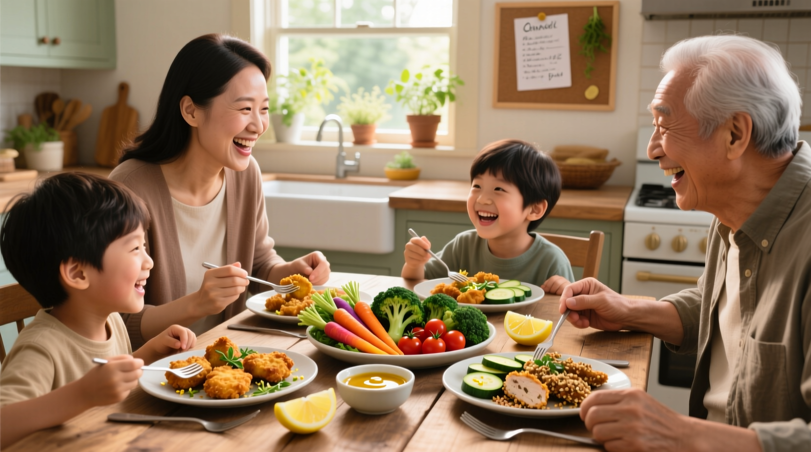 Family enjoying healthy homemade chicken nuggets with vegetable sides