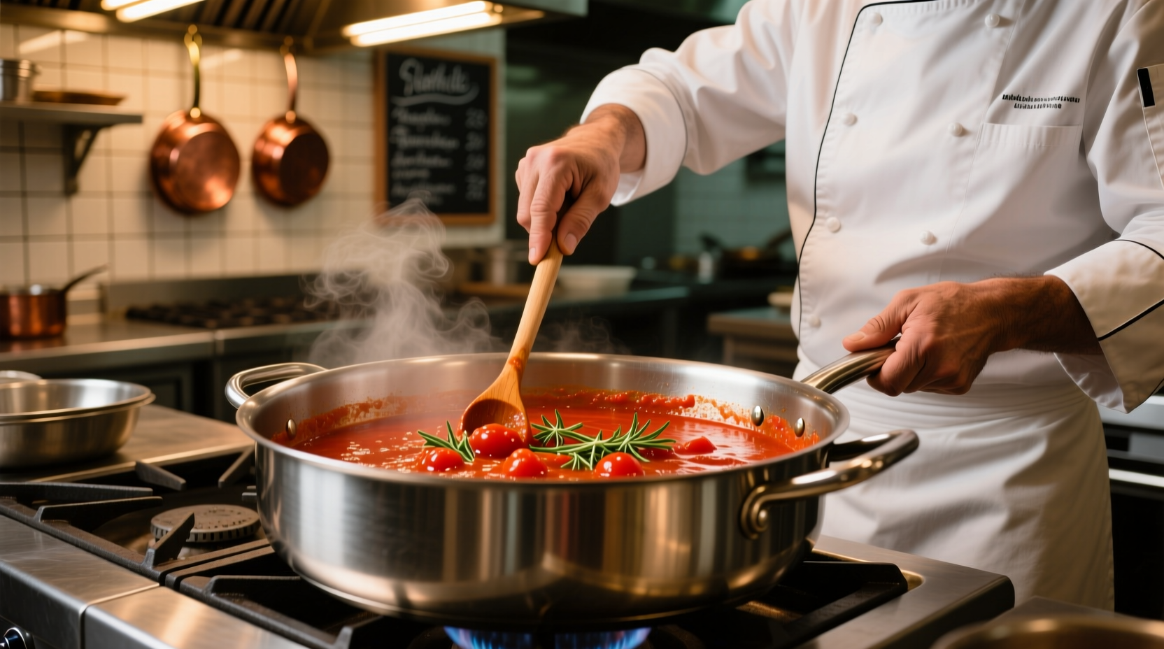 Chef stirring thick tomato sauce in stainless steel pot
