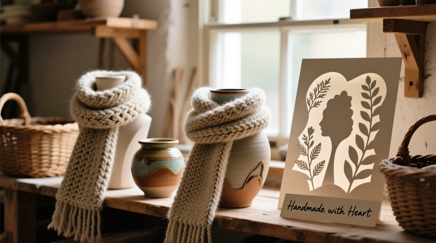 Handmade crafts including knitting, pottery, and paper art