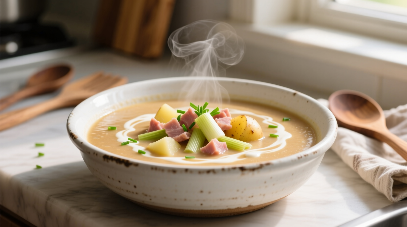 Creamy ham potato leek soup in white bowl