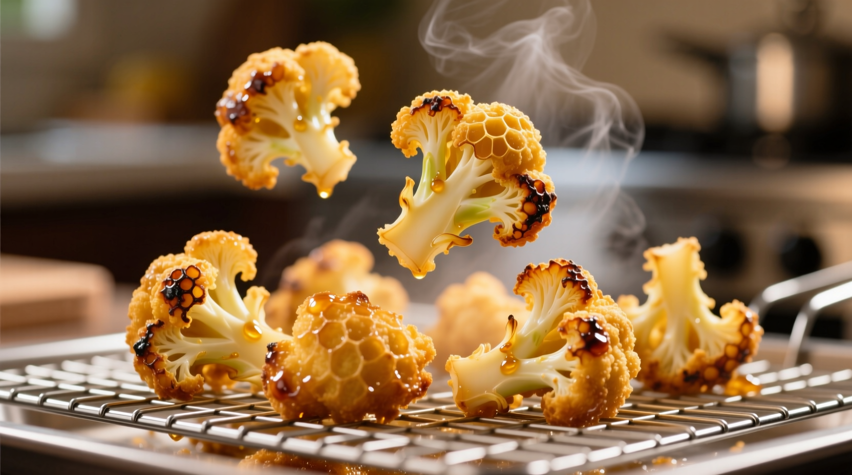 Golden battered cauliflower florets on wire rack
