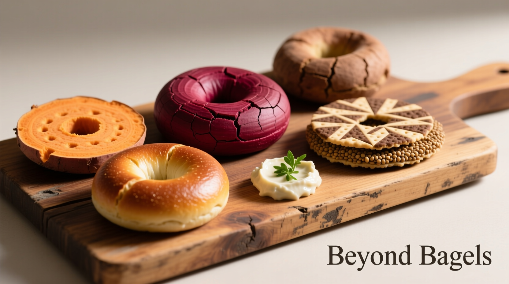Assortment of bagel alternatives on wooden board