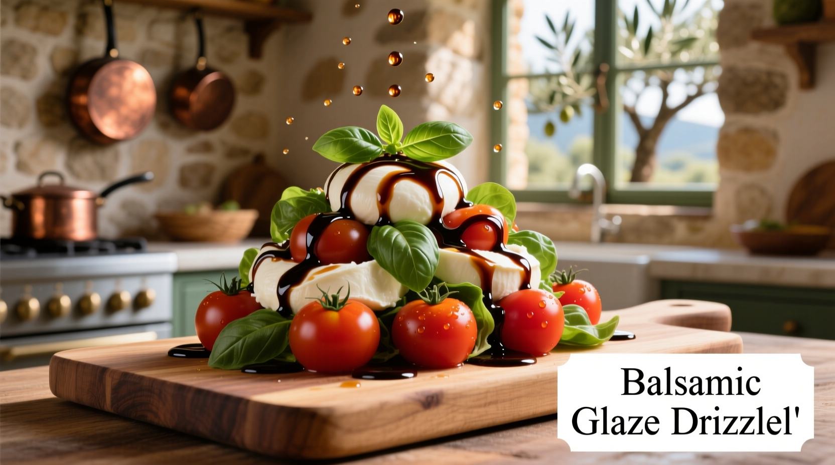 Balsamic glaze drizzled over caprese salad
