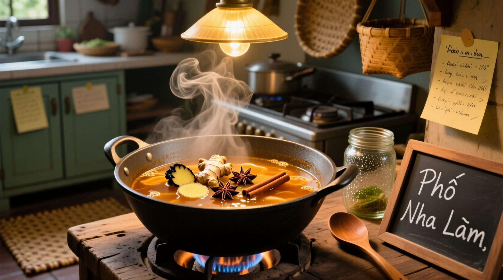 Homemade pho broth simmering in pot