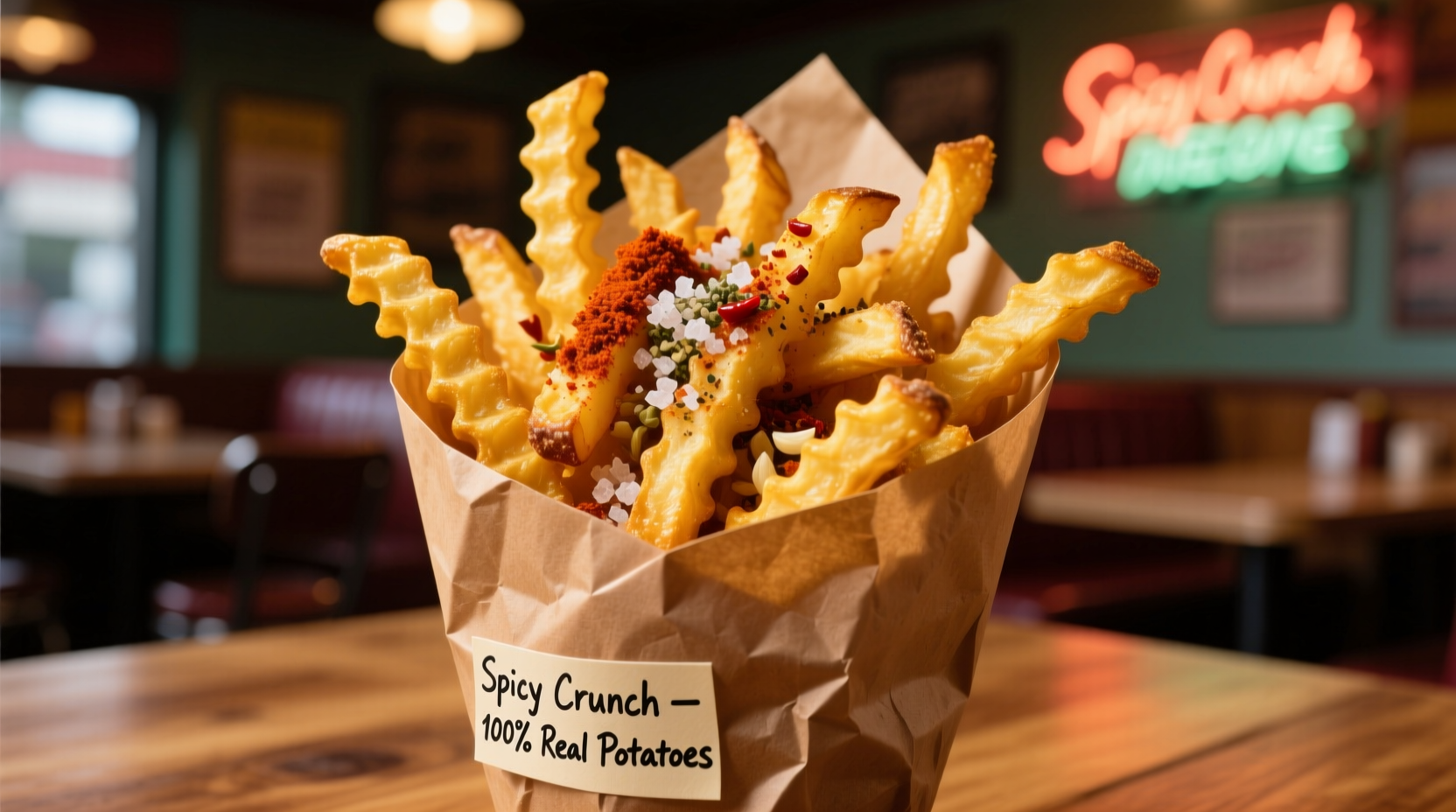 Golden curly potato fries in paper cone with various seasoning options