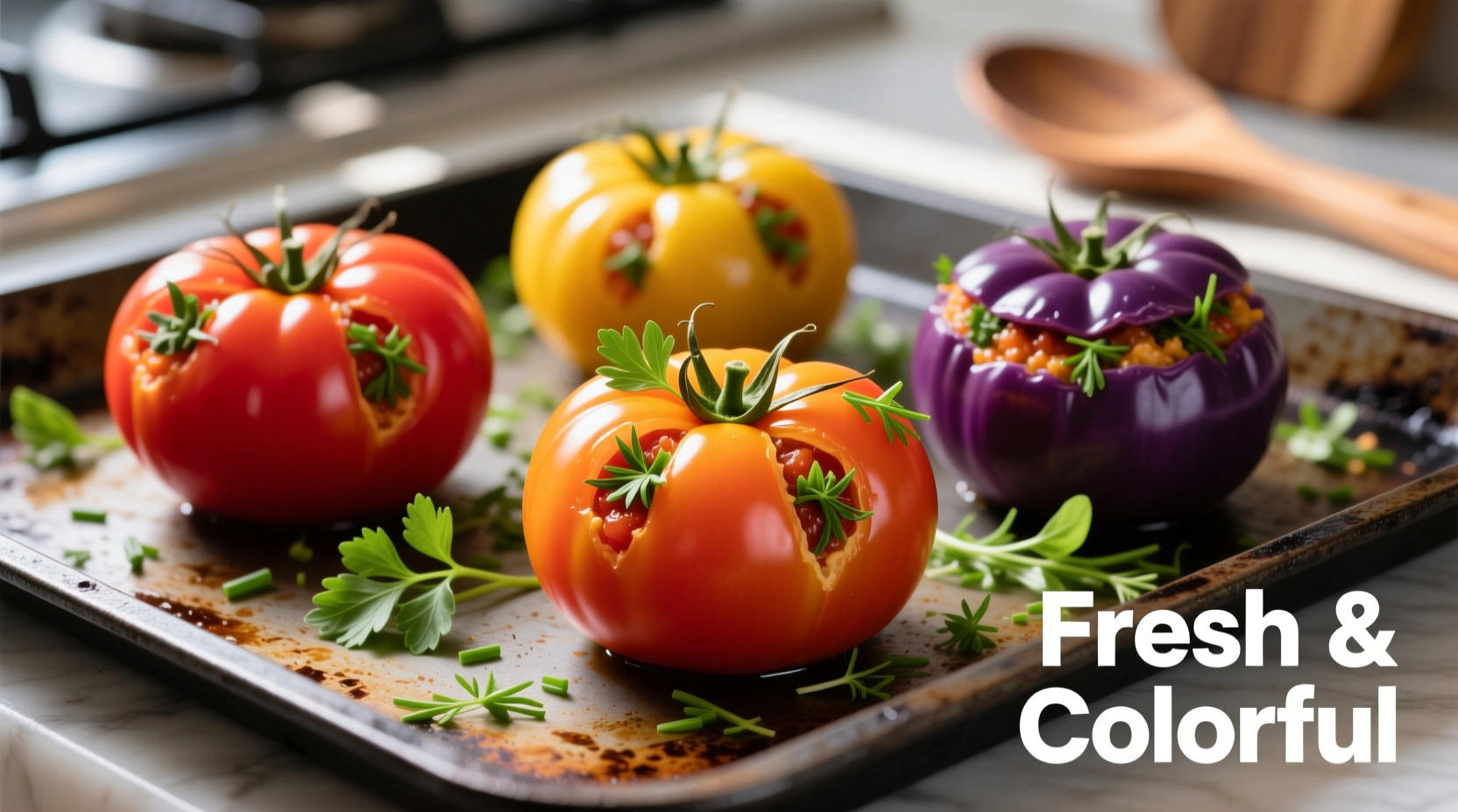 Colorful stuffed tomatoes with herb garnish on baking sheet