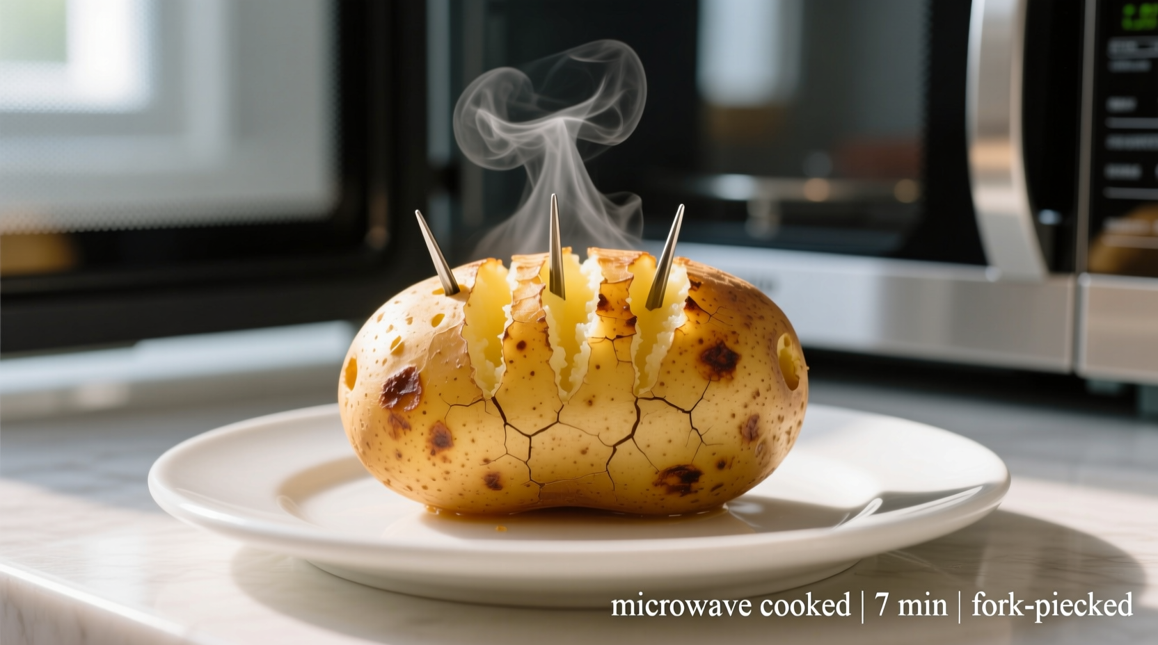 Microwave cooking potato with fork piercings