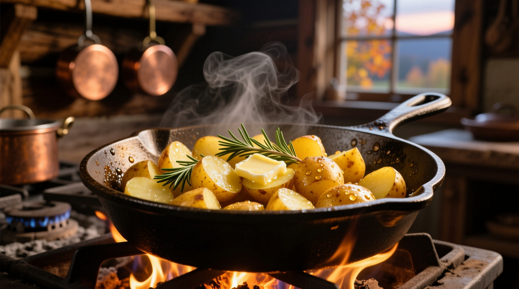 Golden diced potatoes sizzling in cast iron skillet