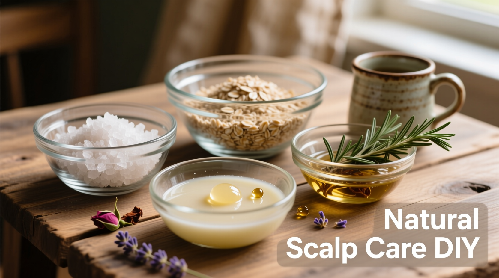 Homemade scalp scrub ingredients in glass bowls