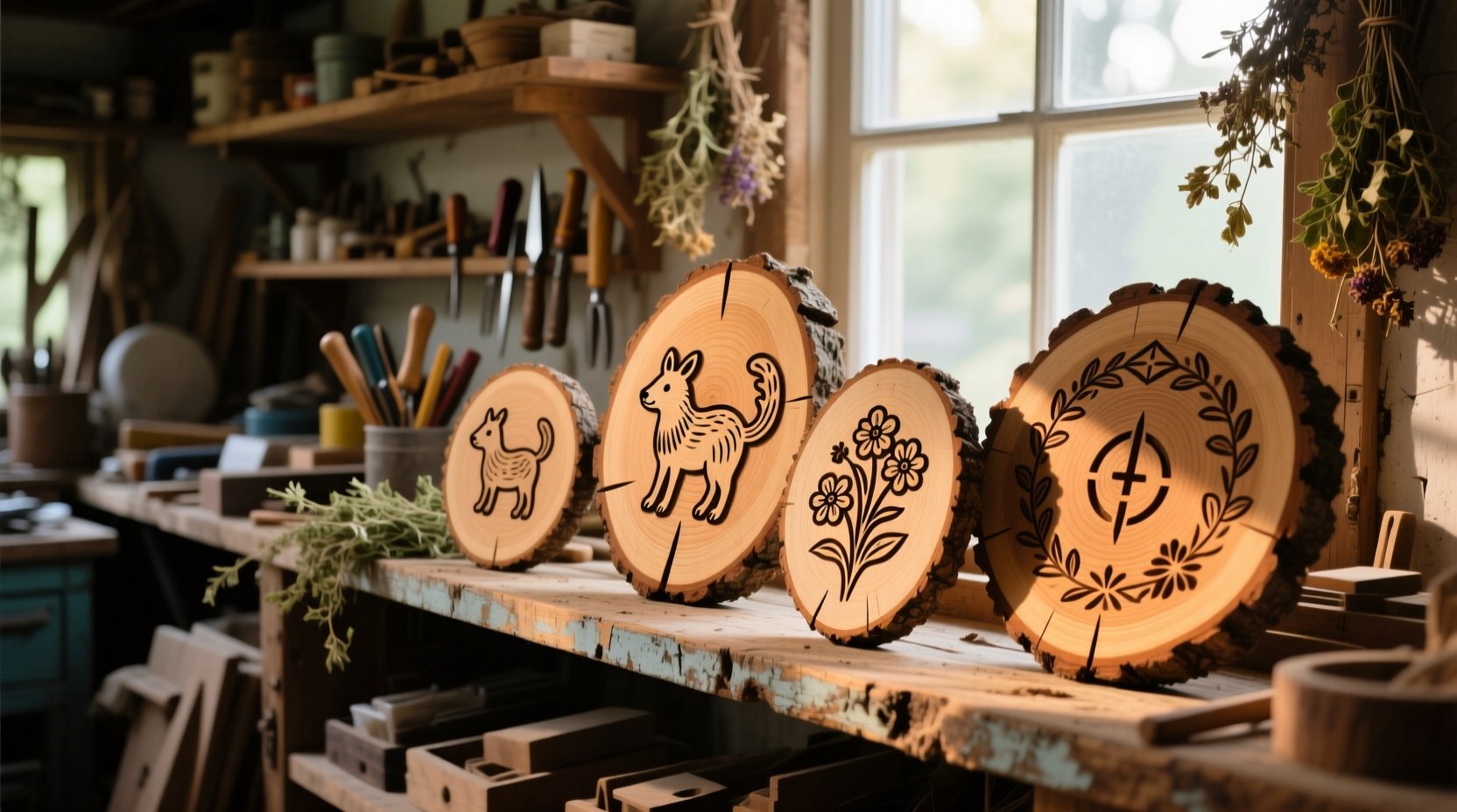 Finished wood slice craft projects displayed