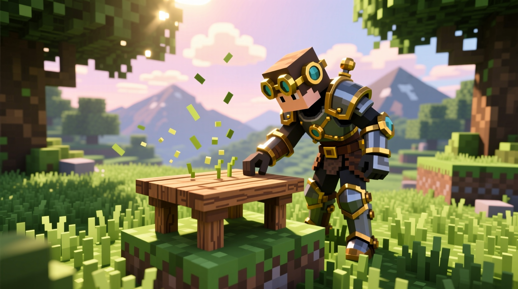 Player placing crafting table on grass block in Minecraft