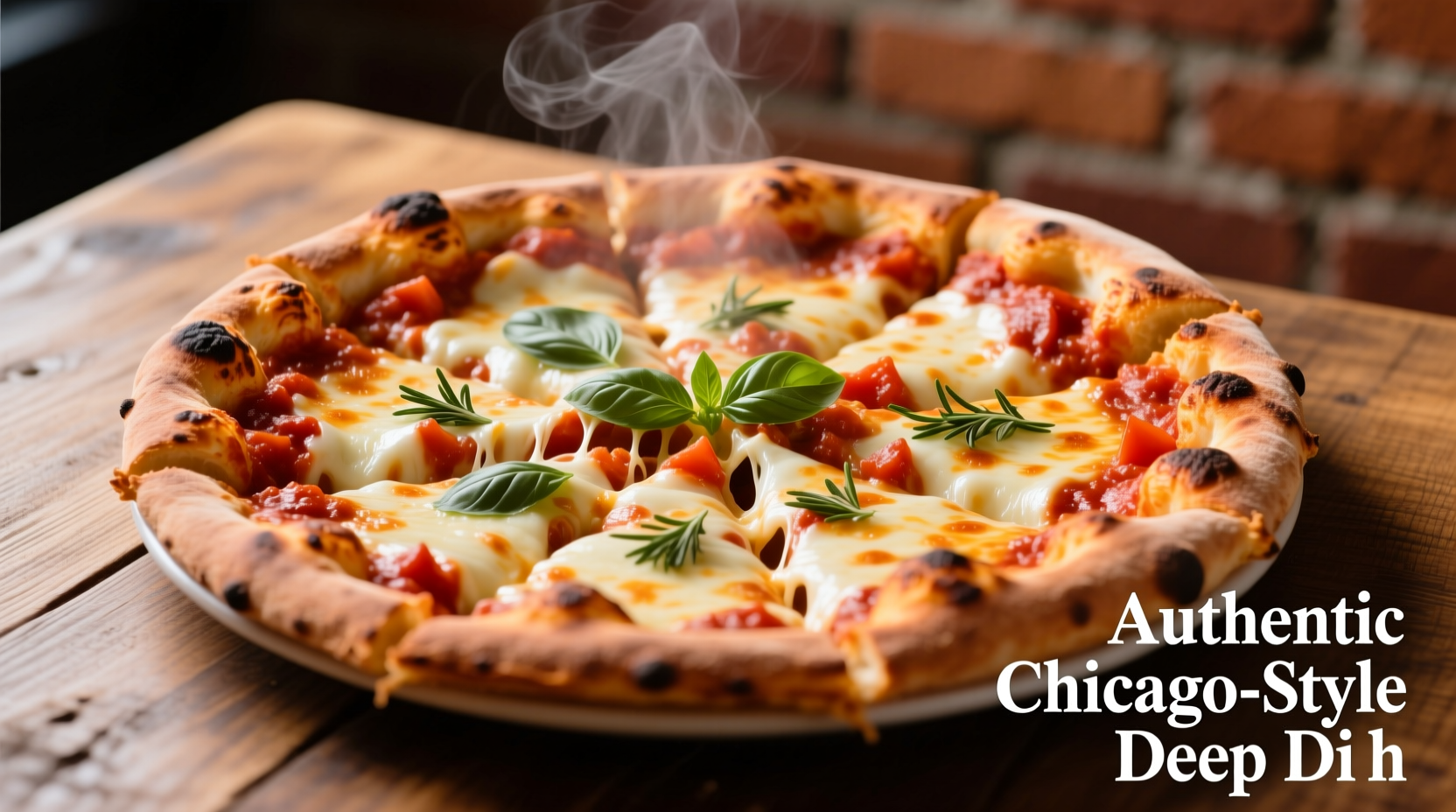 Deep dish pizza with layered cheese and chunky tomato sauce