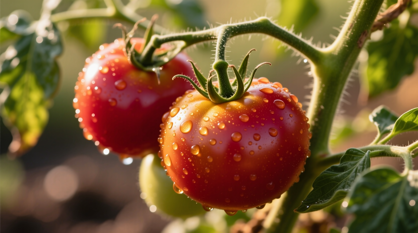 Close-up of perfectly ripe heirloom tomatoes on vine