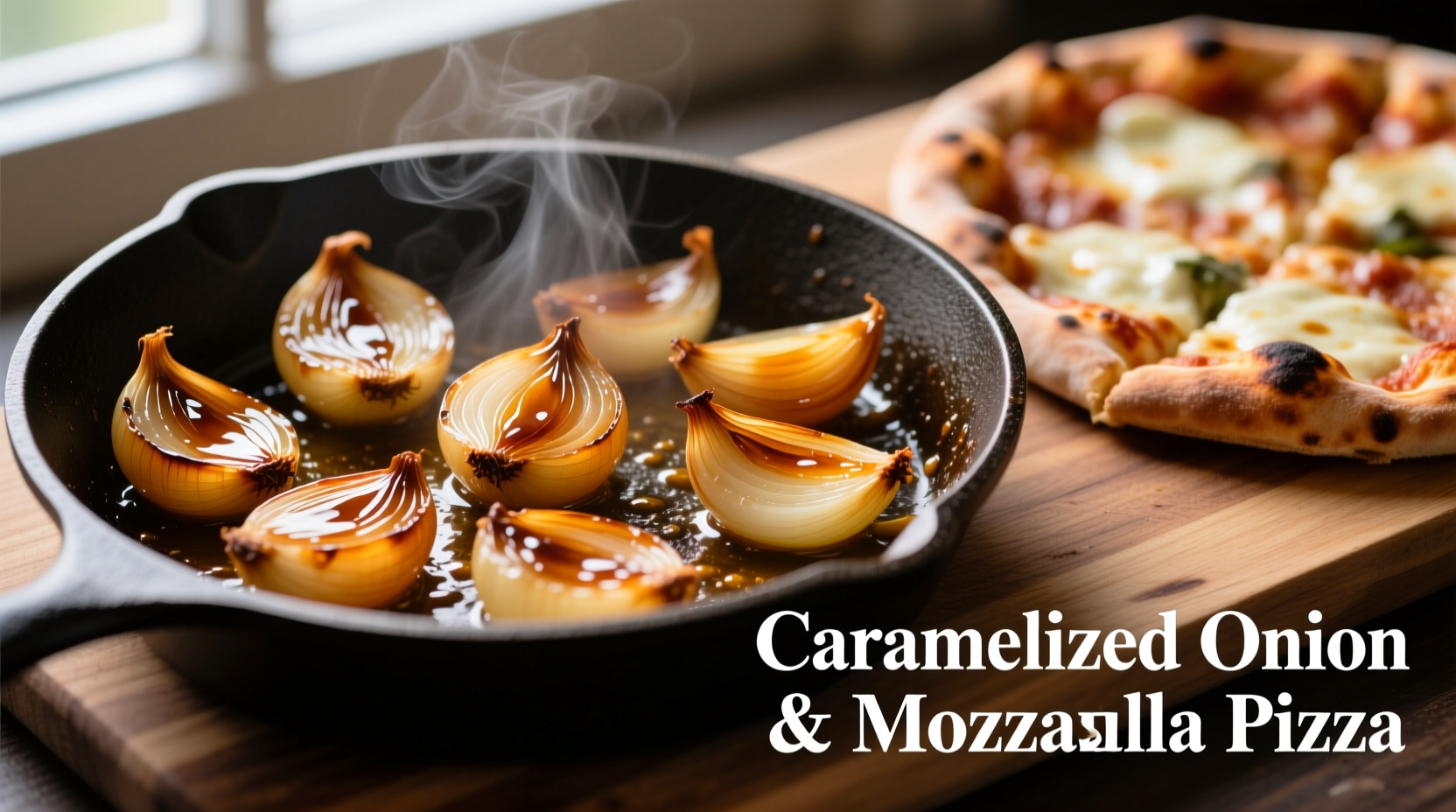 Caramelized onions in skillet for pizza preparation