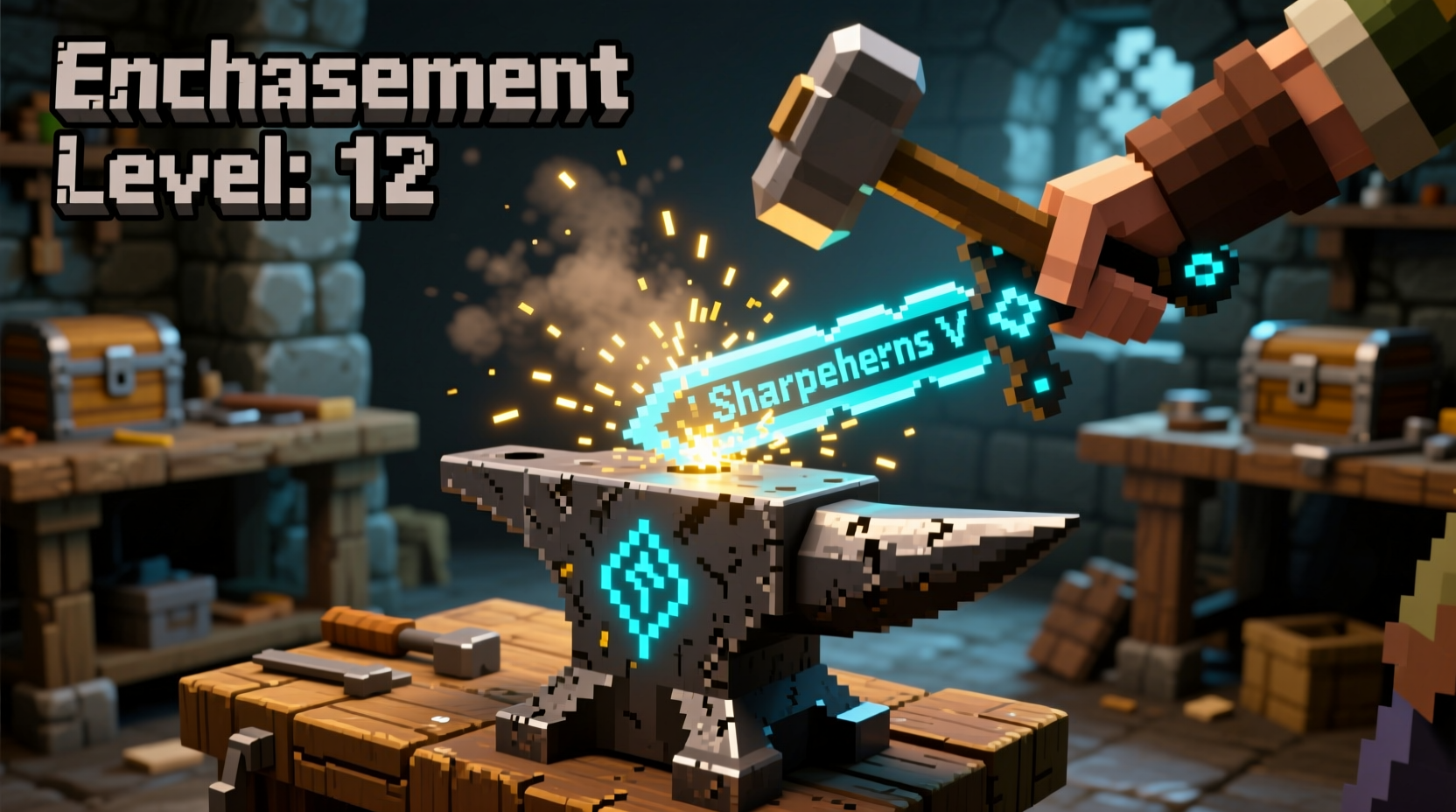 Close-up of Minecraft anvil in use repairing enchanted gear