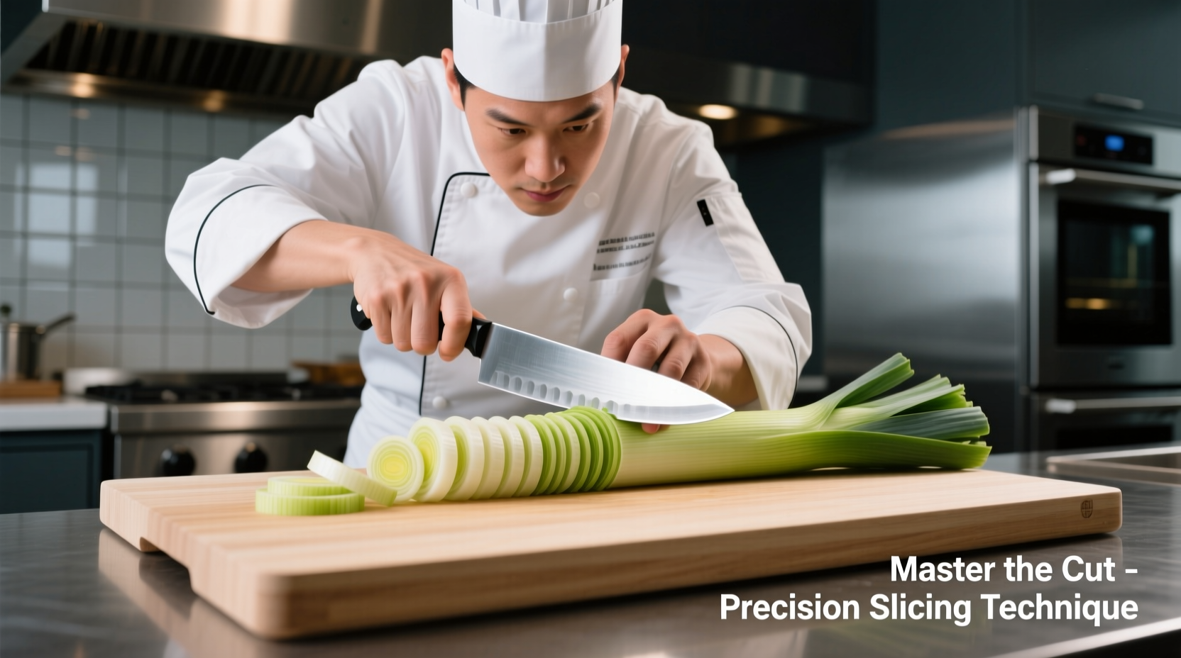 Chef demonstrating proper leek slicing technique with clean cuts