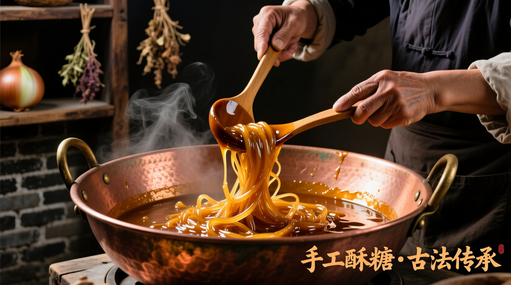 Traditional onion candy preparation in copper pot