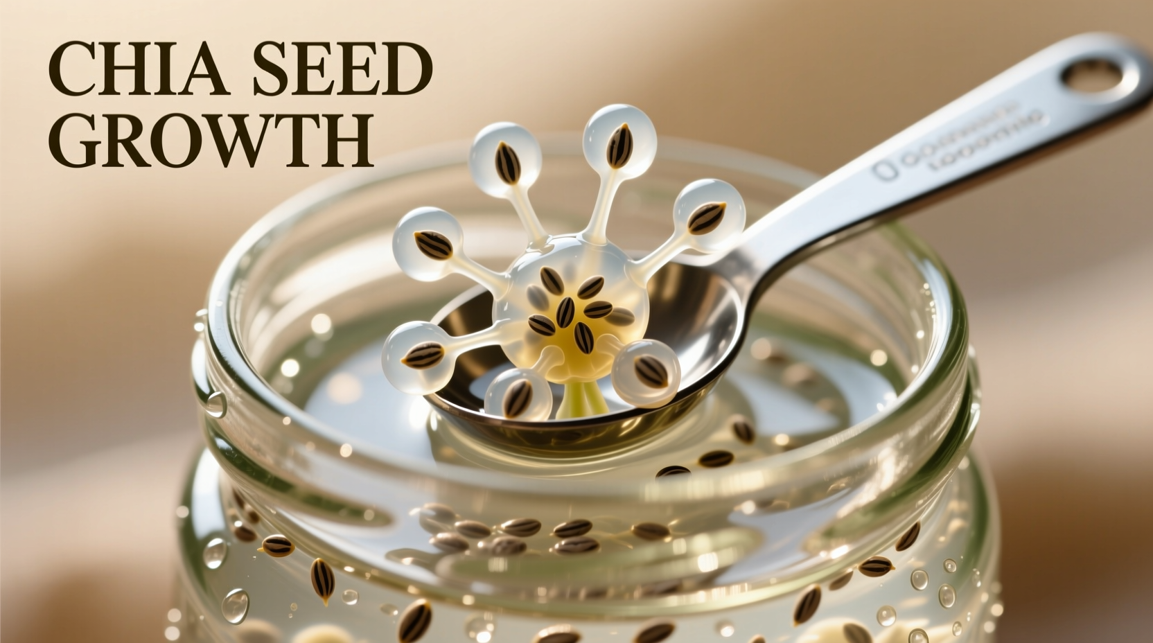 Chia seeds expanding in glass jar with measuring spoon