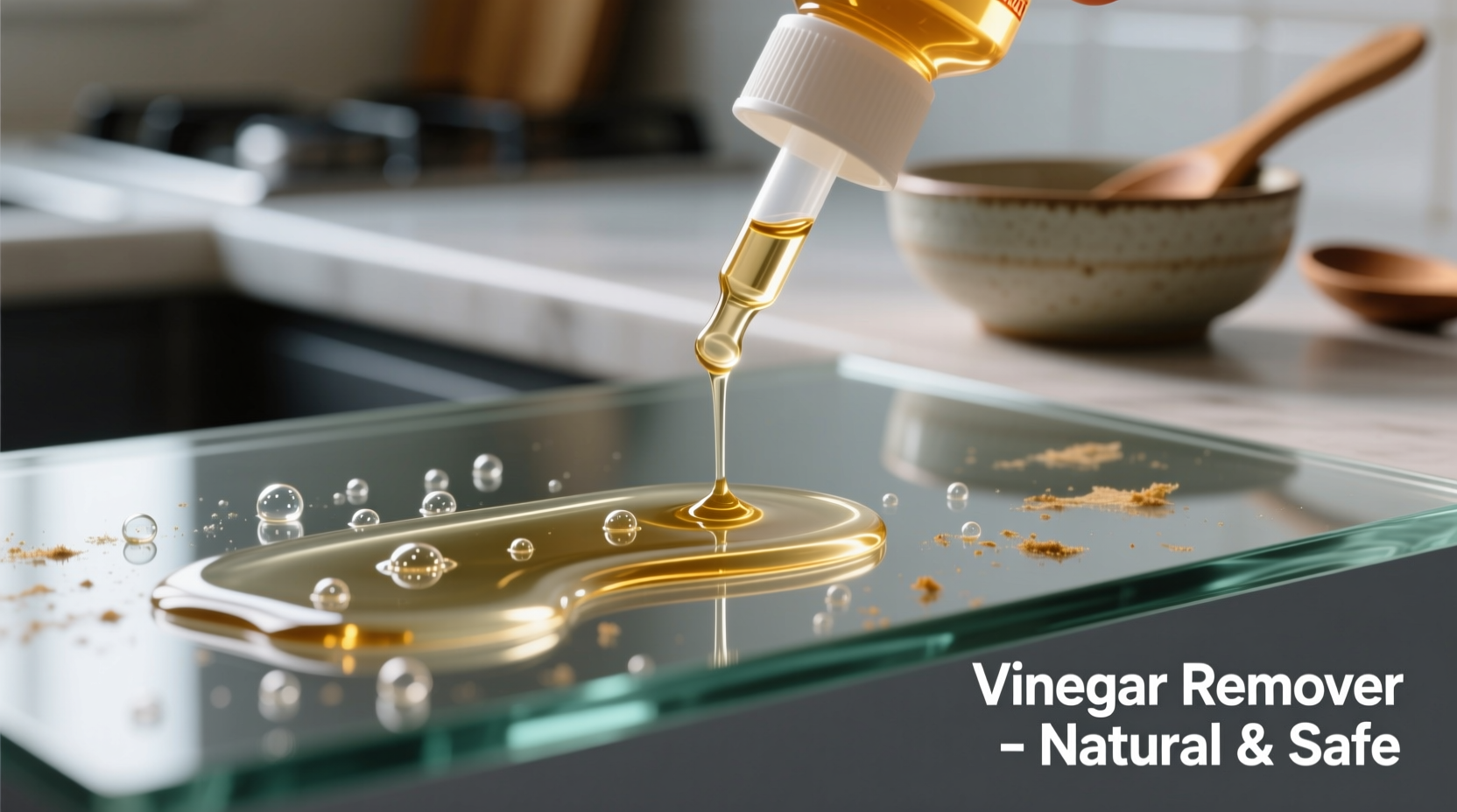 Vinegar-based adhesive remover application on glass