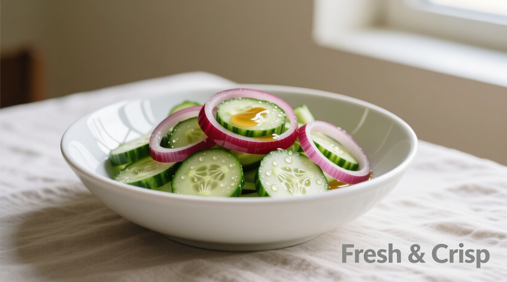 Crisp cucumber and red onion salad in white bowl
