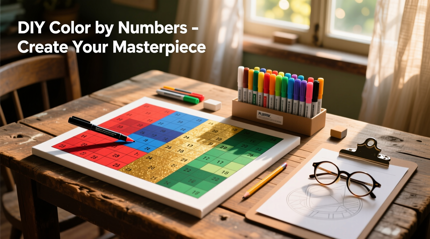 DIY color by numbers supplies on wooden table