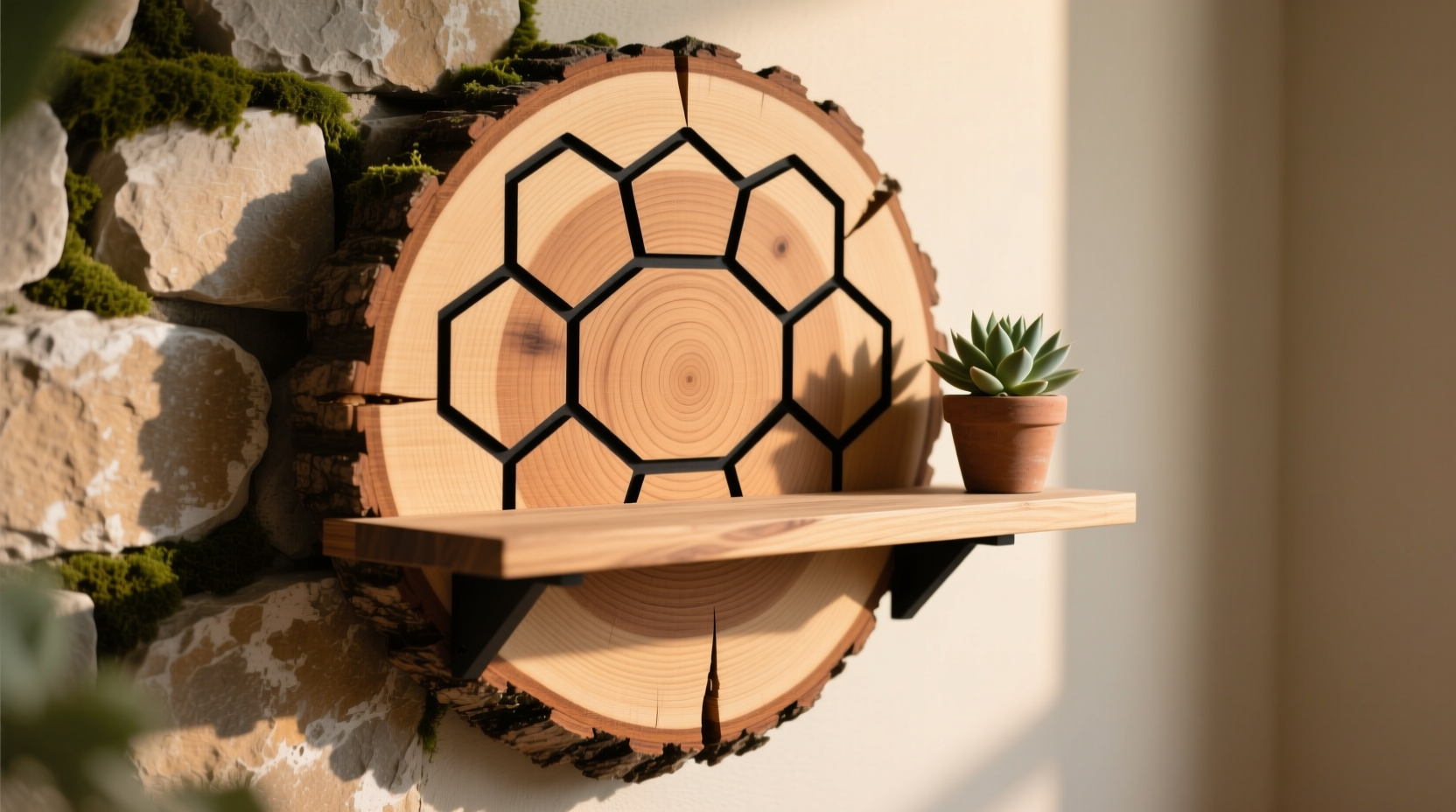 Dollar Tree wood slice wall shelf with geometric design