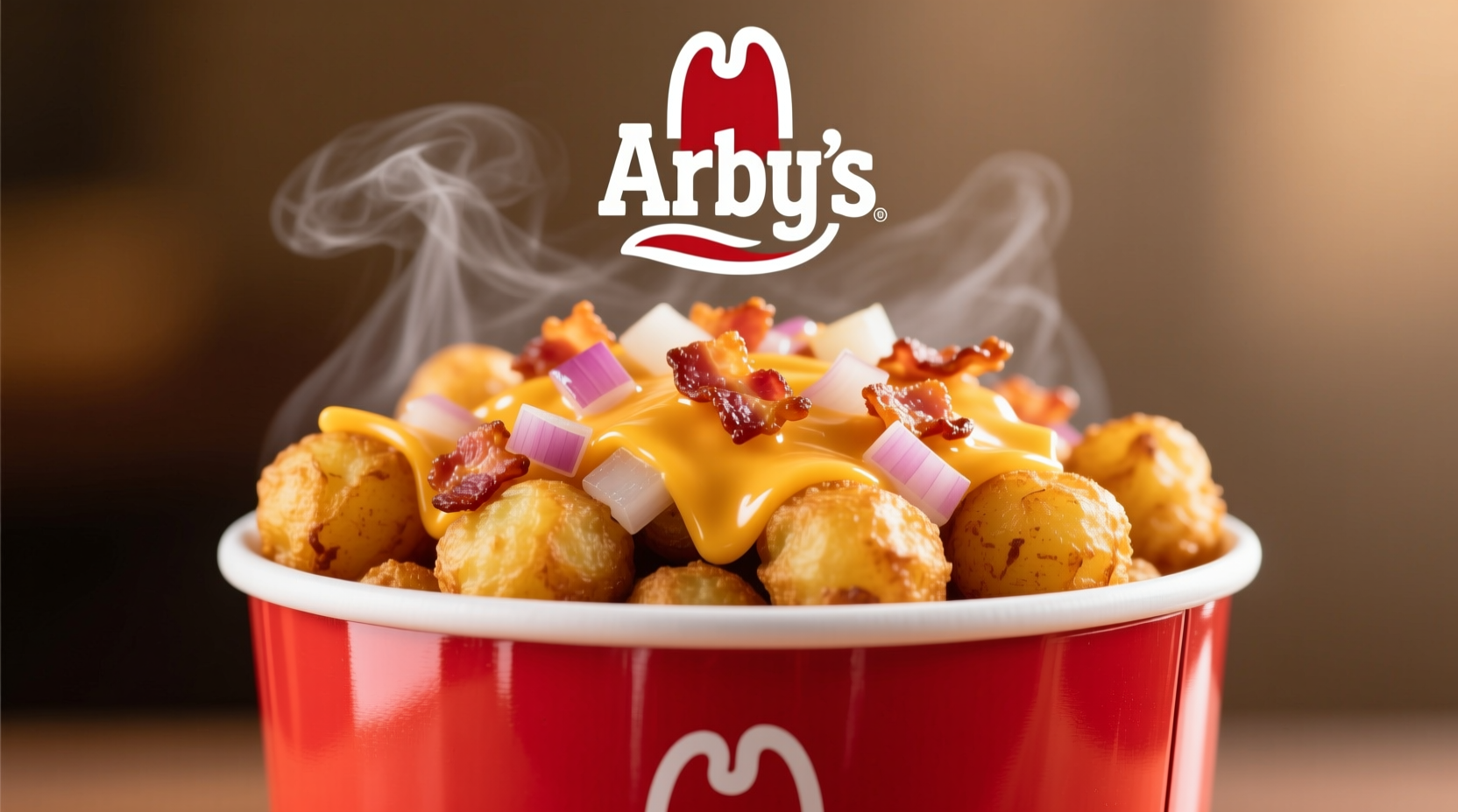 Arby's Loaded Potato Bites served in a red container