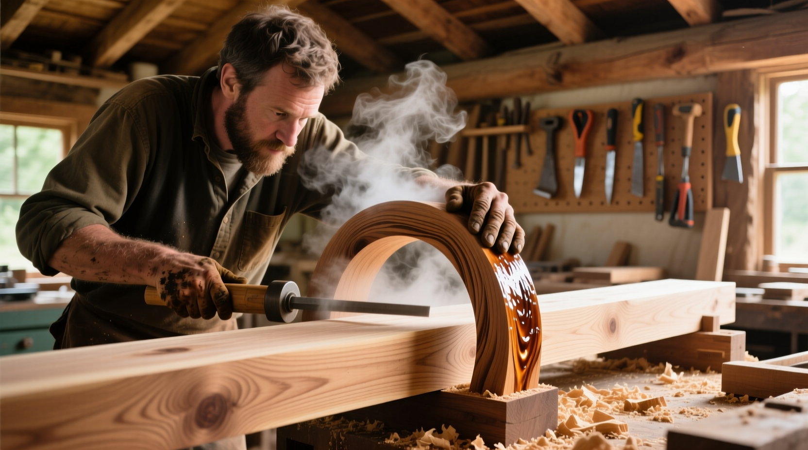 Woodworker using steam bending technique on oak plank