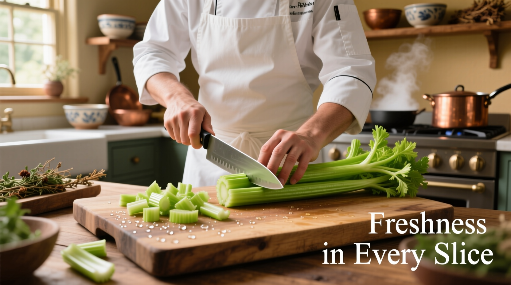 Chef preparing fresh celery stalks for cooking