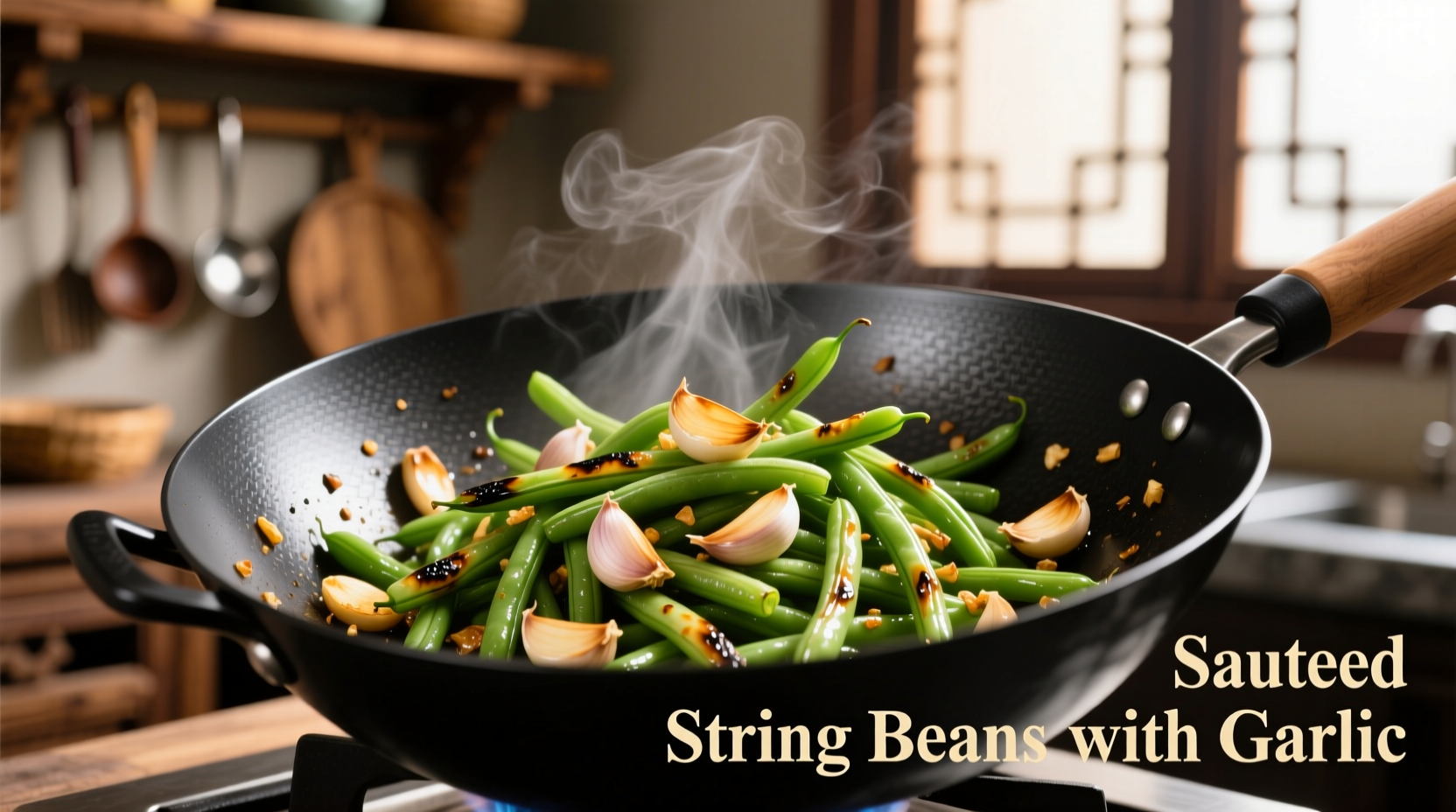 Crisp sauteed string beans with garlic in wok