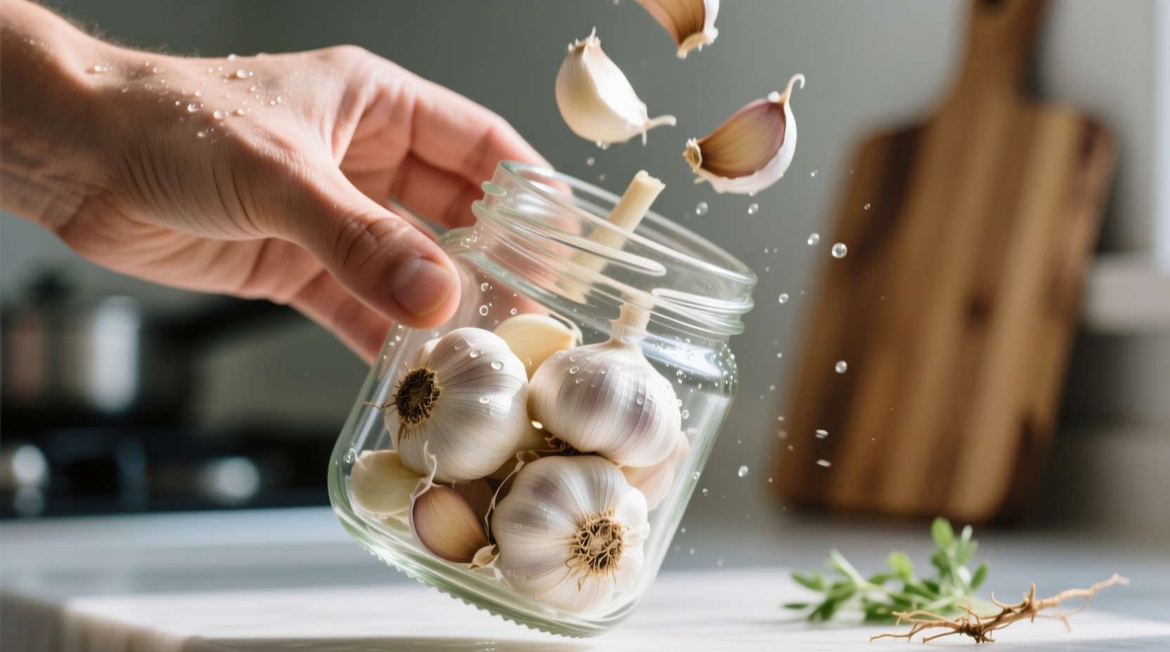 Hand shaking garlic cloves in glass jar